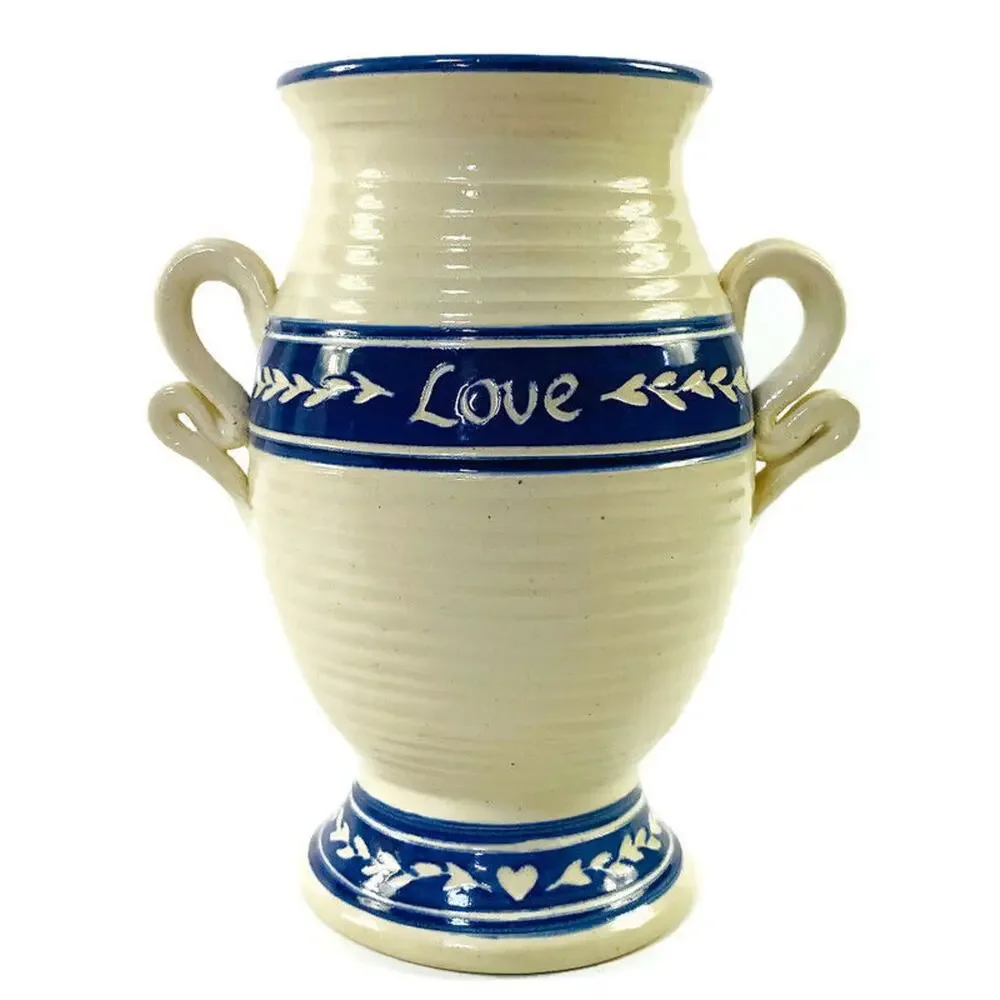 Graystone Pottery Handmade Artisan Vase Love Hearts Handles Beige and Blue 8.5